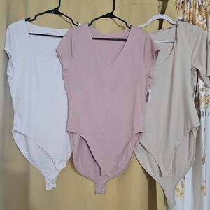 Elegant Women's V-Neck Bodysuit - Pink, White, Tan